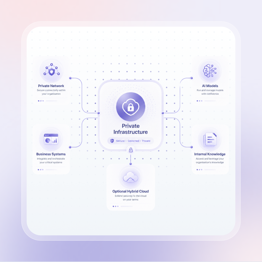 Private infrastructure architecture with private network, AI models, business systems, internal knowledge, and optional hybrid cloud.